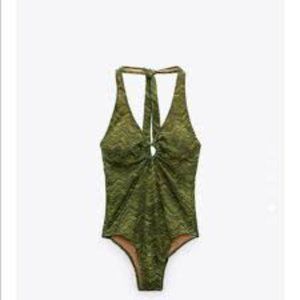 Zara green textured halter one piece swimsuit Sz M NWT
